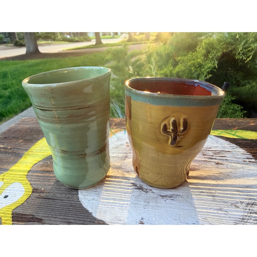 Scott Carlson AZ Pottery Tumblers Green Red Cactus‎ Signed Studio Pottery 2022